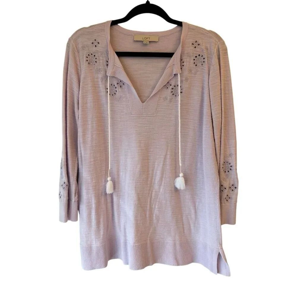 LOFT Eyelet embroidered Sweater Sz M Lilac Lavender Boho